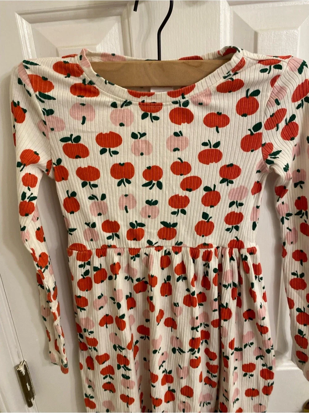 HANNA ANDERSON Girls 8 Long Sleeve Apple Fall Dress Cream w/ Red Apple Pattern